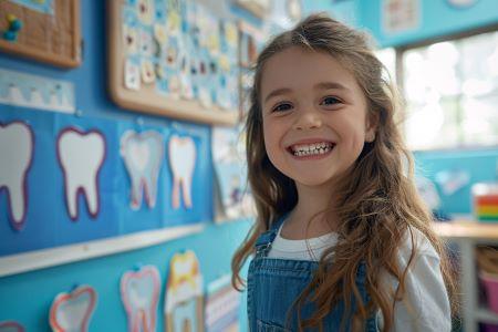 Niña que sonríe mostrando los dientes